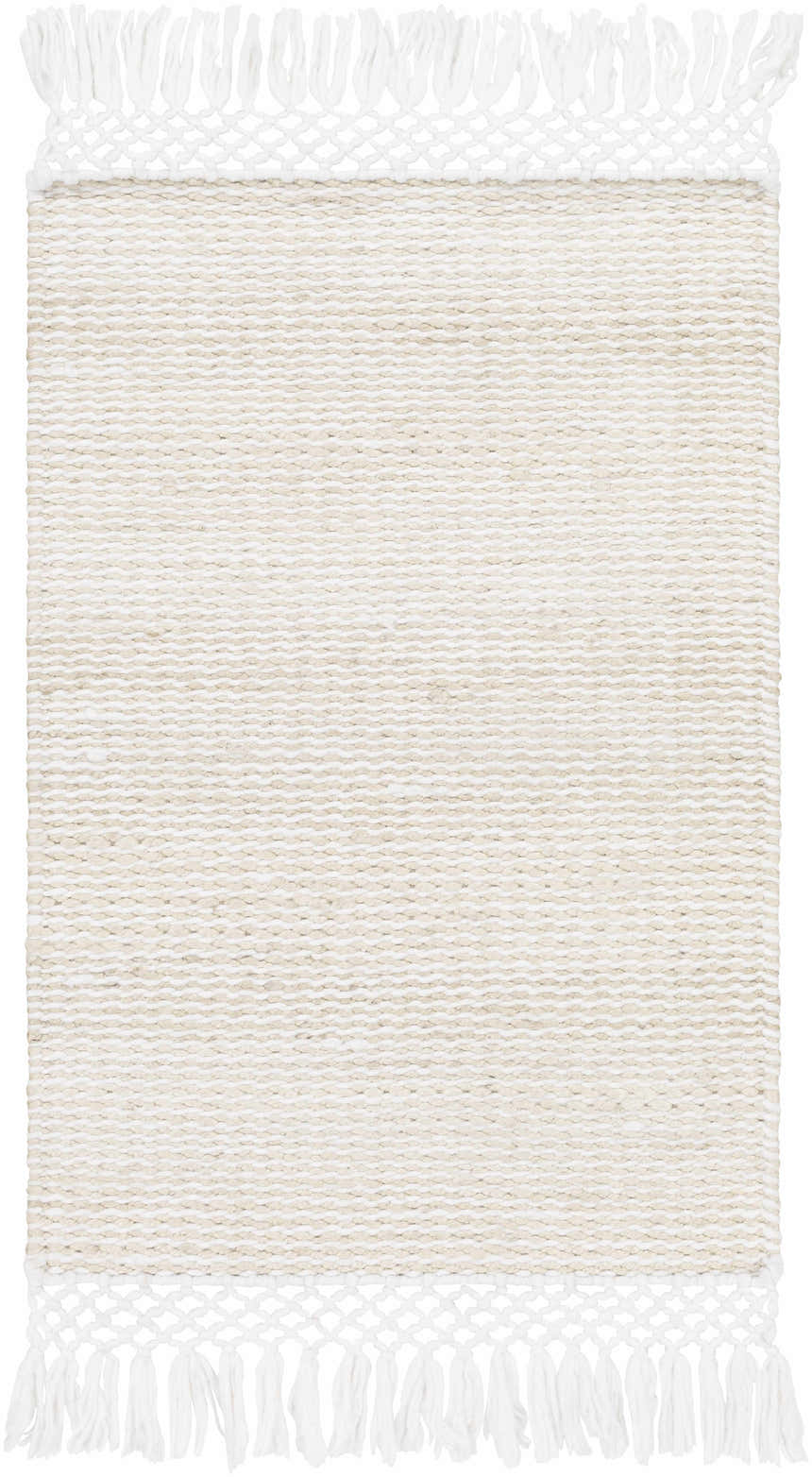 Close-up of the hand woven Cople Area Rug. Cream and off-white jute rug with knotted fringe. Contemporary style. Design-Rectangle-23