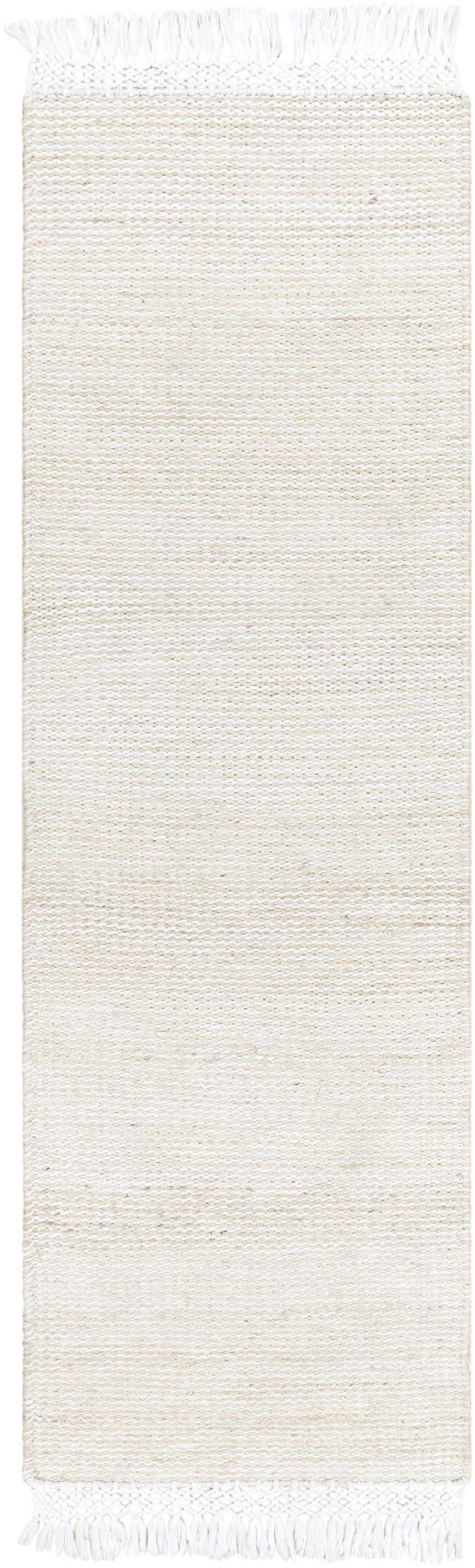 Close-up of the hand woven Cople Area Rug. Cream and off-white jute rug with fringed edges. Contemporary style. Design-Runner-268