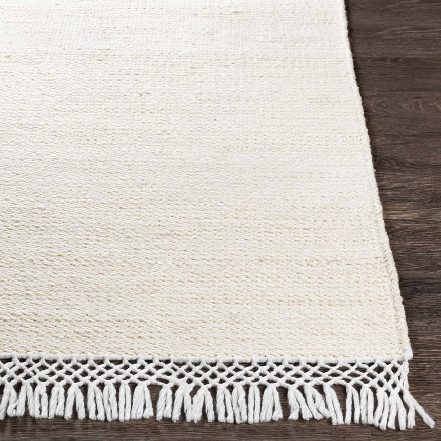 Close-up of the hand-woven Cople Area Rug. Cream jute rug with a lattice and fringe border on a dark wood floor. Front