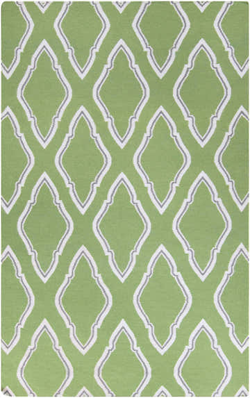 Close-up of the Cramerton Carpet. Hand woven 100% wool rug features a green background and a gray and white trellis pattern. Design-Rectangle-58