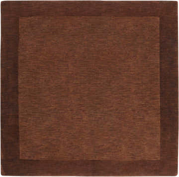 Close-up of a hand-loomed Bordered Solid Brown Wool Rug. The rug has a dark brown border and a solid brown center. Design-Square-8