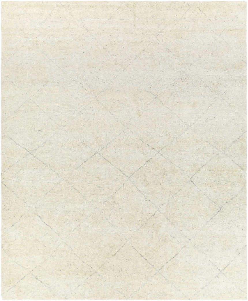 Close-up of the Caramoran Premium Rug in beige and cream with a subtle diamond pattern and hand-knotted texture. Design-Rectangle-810