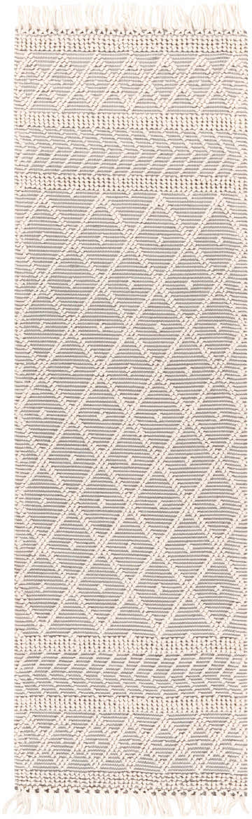 Close-up of a Cromford Cotton & Wool Boutique Rug. Charcoal and ivory geometric pattern, hand-woven texture, and fringe detail. Design-Runner-268