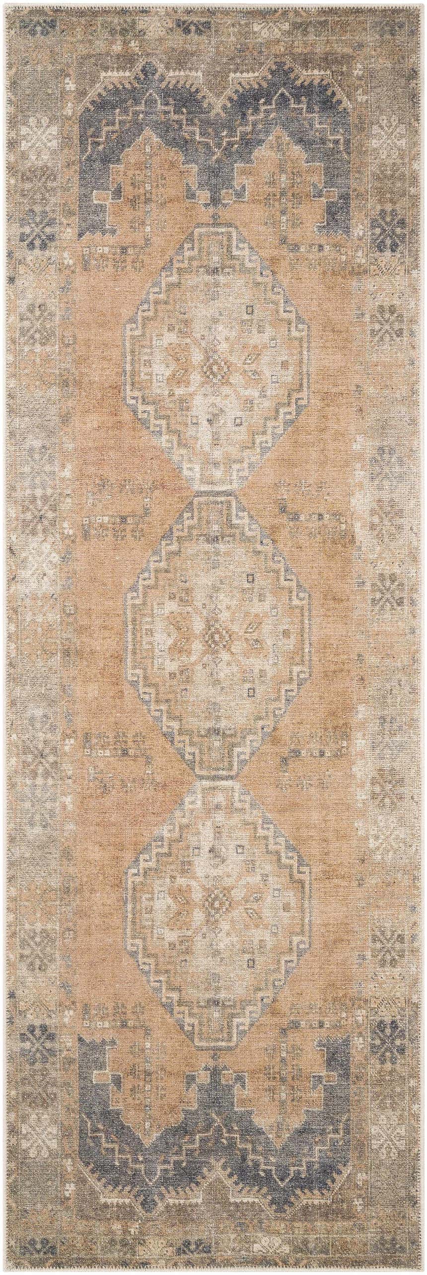 Close-up of the Carrabelle Peach Washable Area Rug, featuring an oriental design in peach, ivory, and navy hues. Design-Runner-2773