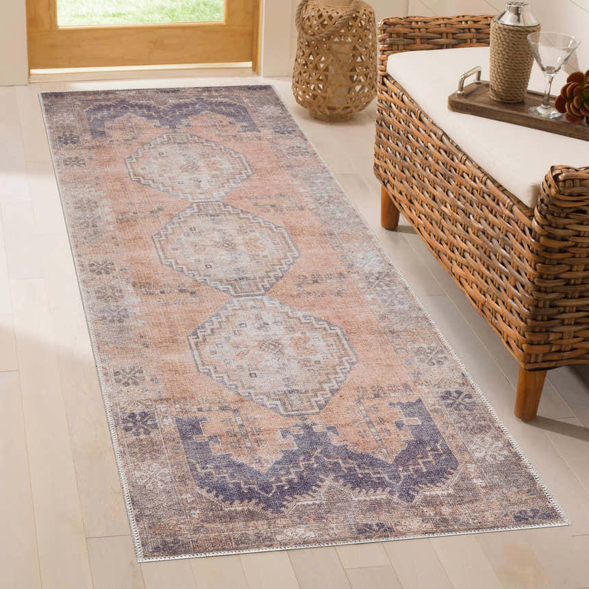 Entryway scene with Carrabelle Peach Washable Area Rug runner. Oriental-style rug in peach, ivory, and navy colors. Roomscene-Runner