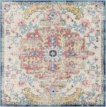 Close-up of the Corrimal Area Rug, a machine-woven rug with a traditional design in aqua, burgundy, yellow, and off-white. Design-Square-67