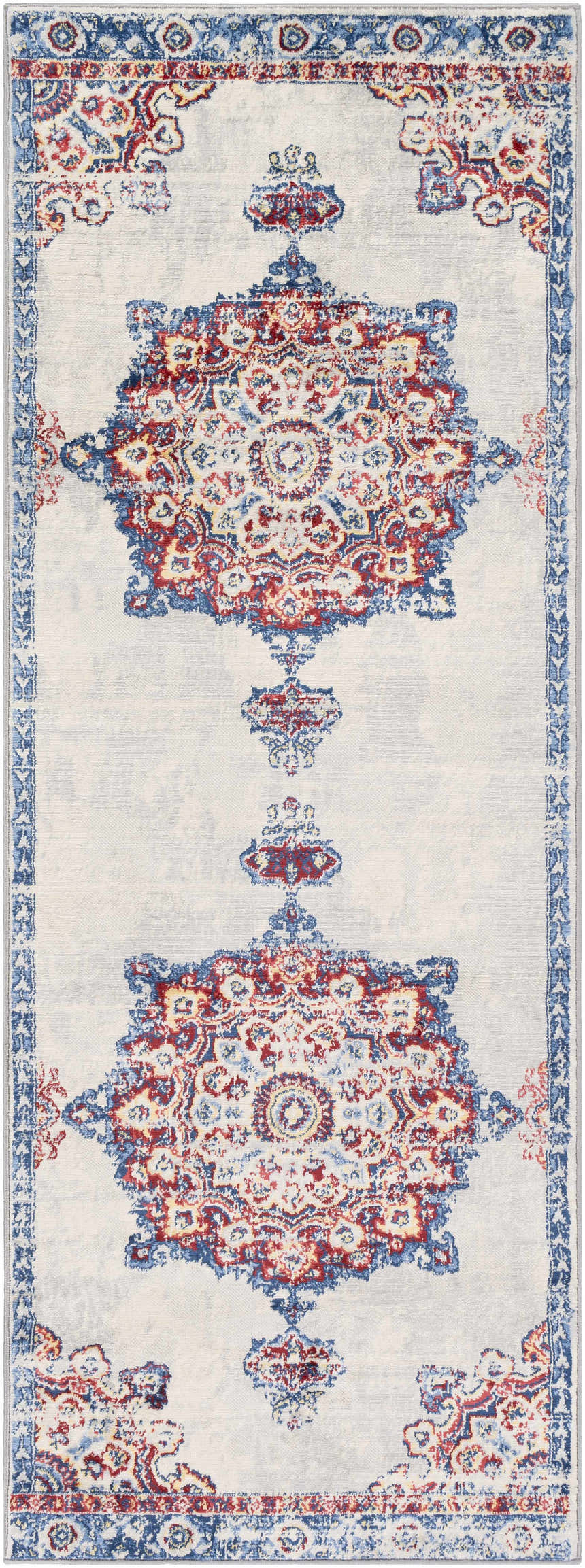 Close-up of Carron Area Rug, a runner with a traditional medallion pattern in blue, burgundy, and yellow on a silver gray background. Design-Runner-2773
