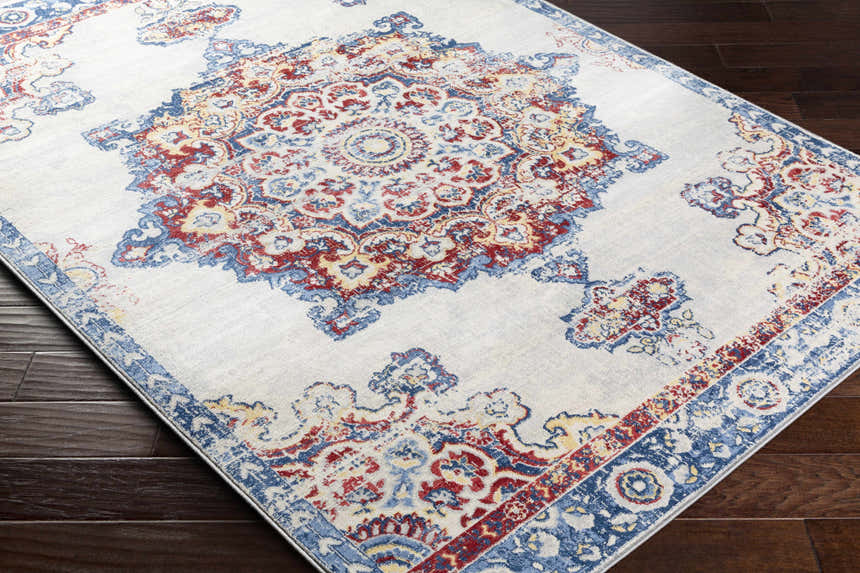 Close-up of the Carron Area Rug, a traditional rug with blue, red, and yellow medallion pattern on a light gray background. Corner