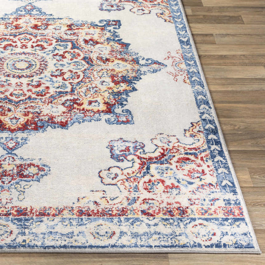Close-up of the Carron Area Rug showing its farmhouse style, red, blue, and yellow traditional pattern. Front