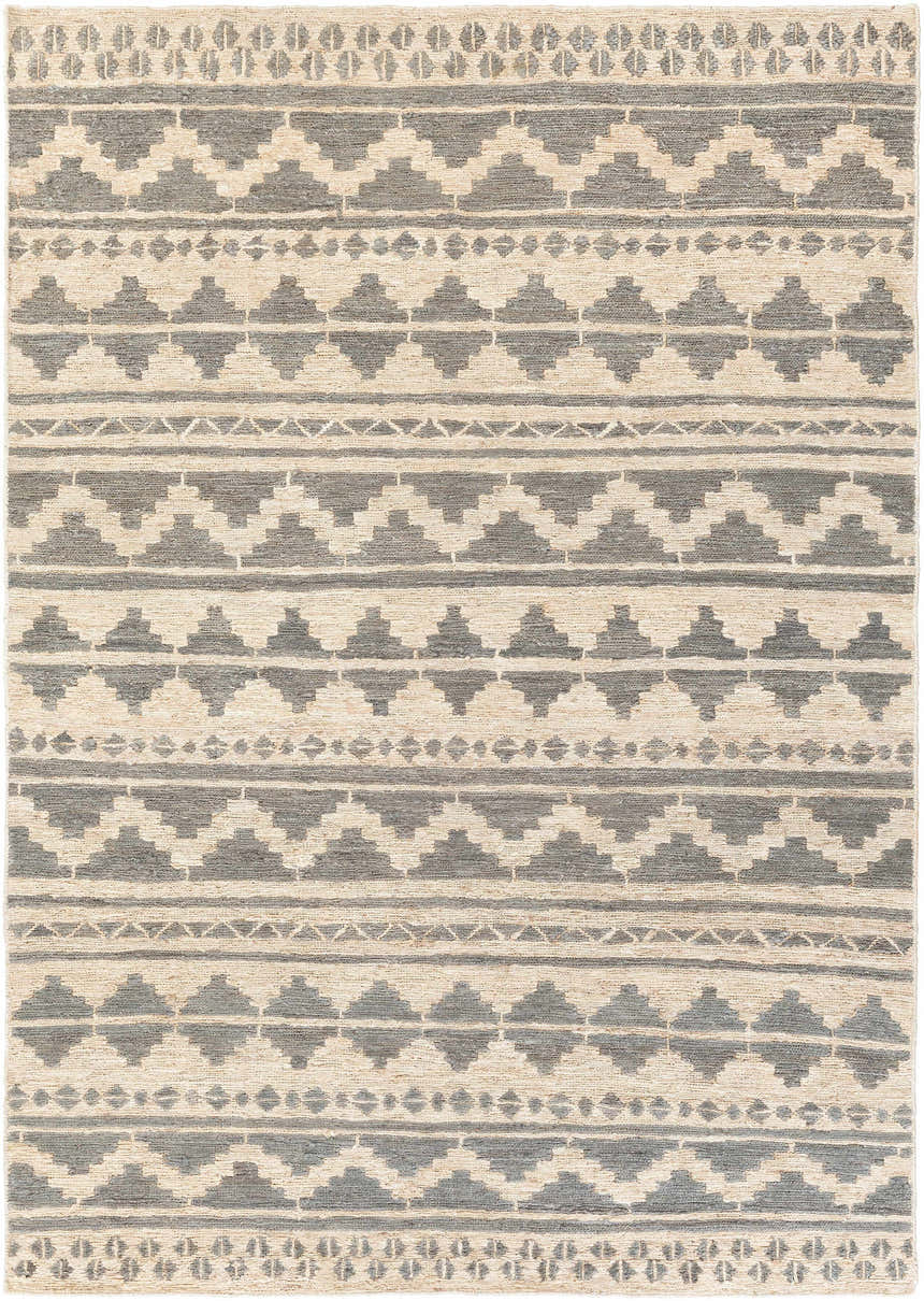 Close-up of the Cresco Jute Carpet. Hand-woven rug with charcoal, dark brown, and ivory geometric pattern. Farmhouse style. Design-Rectangle-811