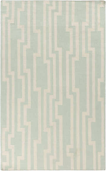 Close-up of the Carteret Area Rug. Ice blue wool rug with a light beige geometric stripe pattern. Hand woven. Design-Rectangle-58