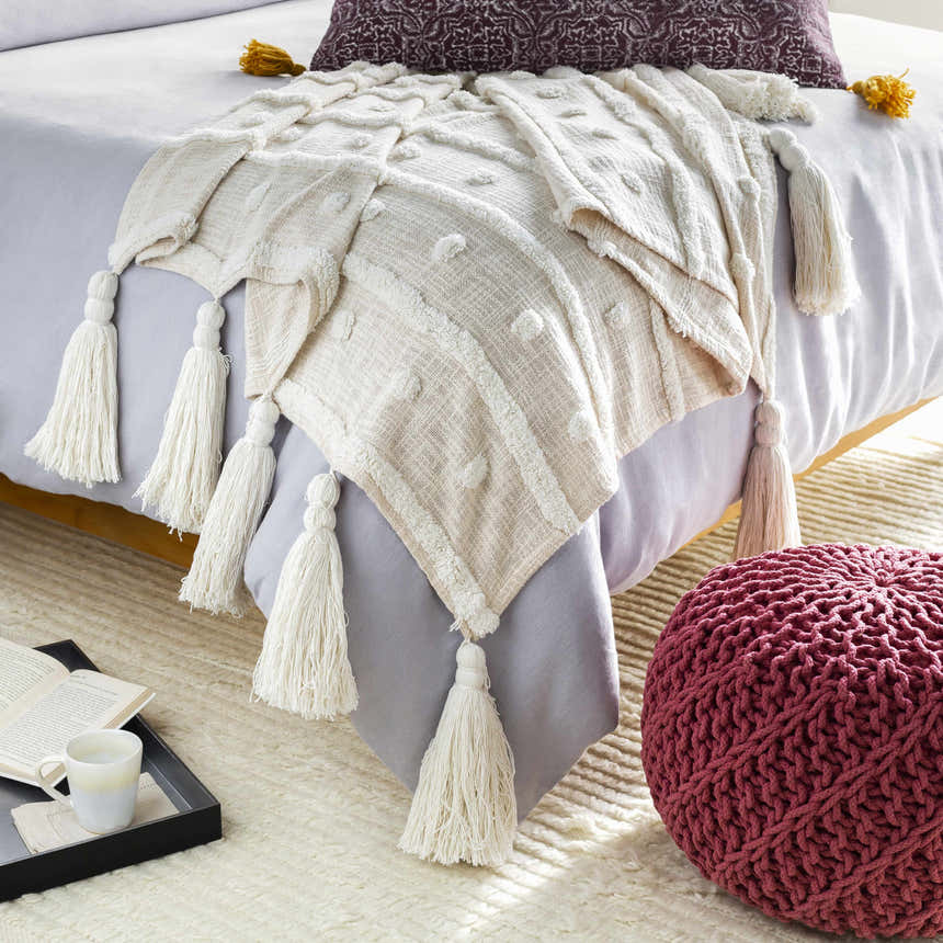 Beige Throw Blanket with big tassels - 50