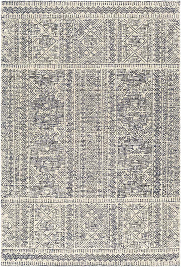 Close-up of the Cottenham Area Rug. Hand-tufted wool rug with a geometric Moroccan design in navy blue and cream. Design-Rectangle-576