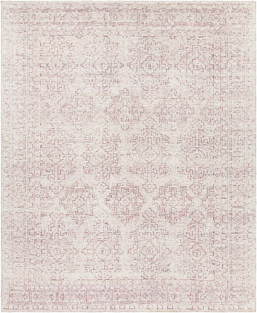 Close-up of the Cunderdin Carpet. Hand-knotted rug with a traditional mauve and white geometric pattern. Viscose material. Design-Rectangle-811