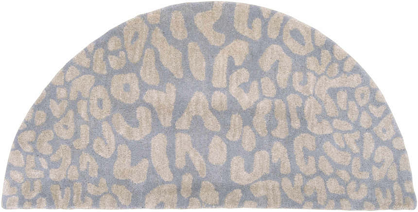 Close-up of Curwensville Leopard Print Area Rug. Slate and taupe wool rug with a modern animal print pattern. Design-Hearth