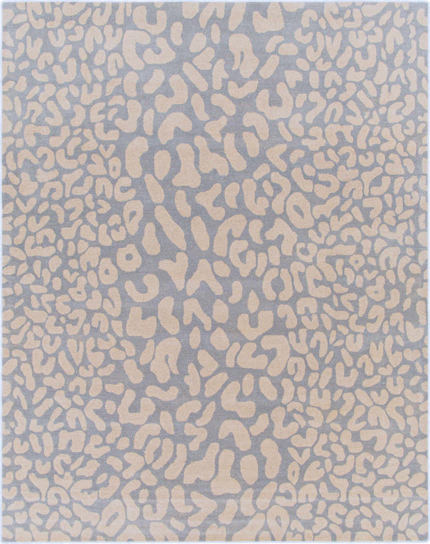 Close-up of the Curwensville Leopard Print Area Rug, a hand-tufted wool rug in slate and taupe animal print. Design-Rectangle-7696