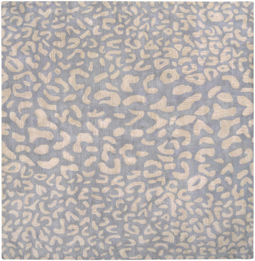 Close-up of the Curwensville Leopard Print Area Rug, featuring a taupe animal pattern on a slate blue wool background. Design-Square-8