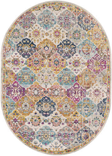 Detailed oval Custar Colorful Area Rug with a vintage-inspired floral pattern in navy, teal, mustard, and burgundy hues. Design-Oval-679