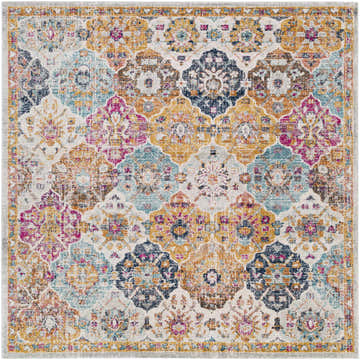 Detailed close-up of the Custar Colorful Area Rug, showcasing its bohemian pattern and colors like mustard, teal, and burgundy. Design-Square-67