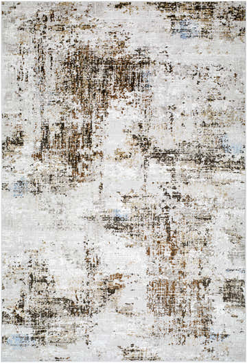 Abstract Utcha Area Rug with dark brown, denim, mustard, taupe, and white distressed pattern. Design-Rectangle-537