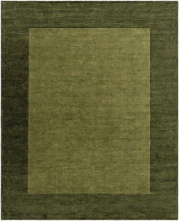Close-up of a Bordered Solid Olive Green Wool Rug featuring a hand-loomed, contemporary design and soft, textured wool. Design-Rectangle-7696