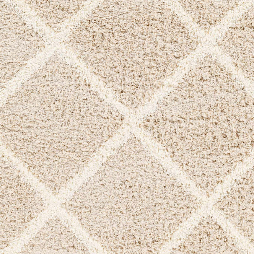 Close-up of the Dacre Shag Area Rug. Cream shag rug with a geometric diamond pattern. Soft, cozy texture. Swatch