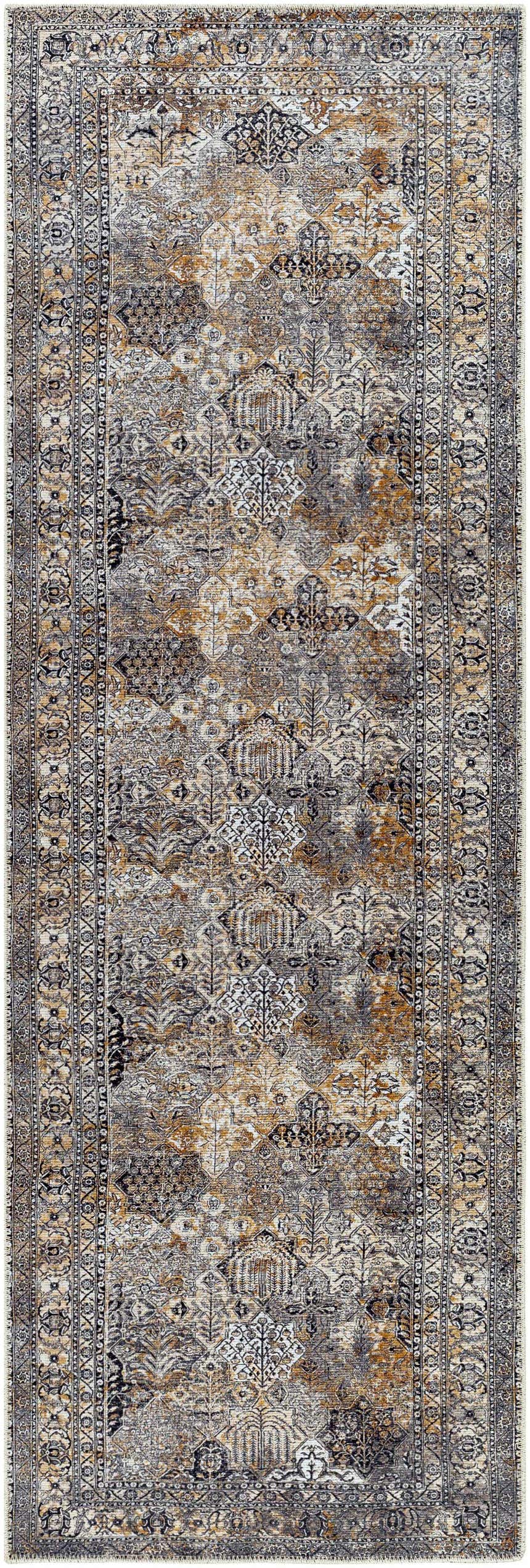 Close-up of the Dagatan Washable Area Rug. Beige, black, and camel colors with a traditional oriental pattern. Design-Runner-27710