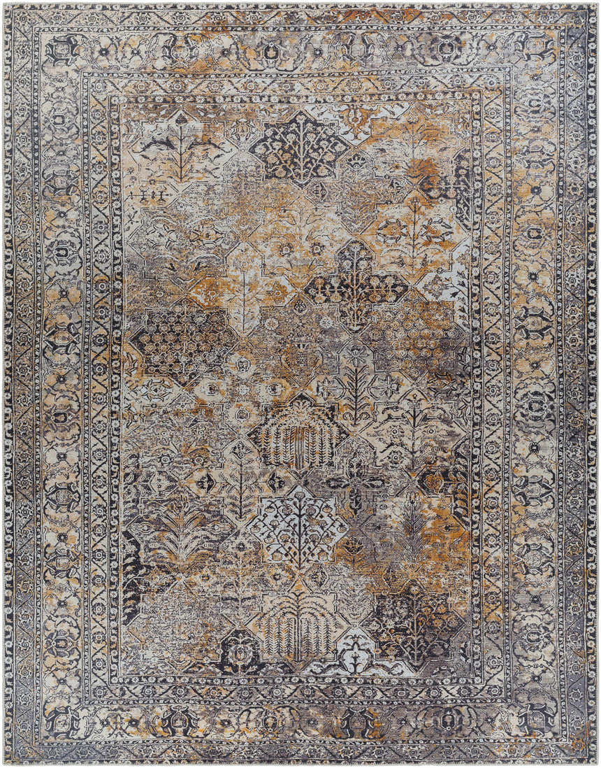 Close-up of the Dagatan Washable Area Rug. Beige, black, and camel colors in a traditional, oriental pattern with a distressed look. Design-Rectangle-710102