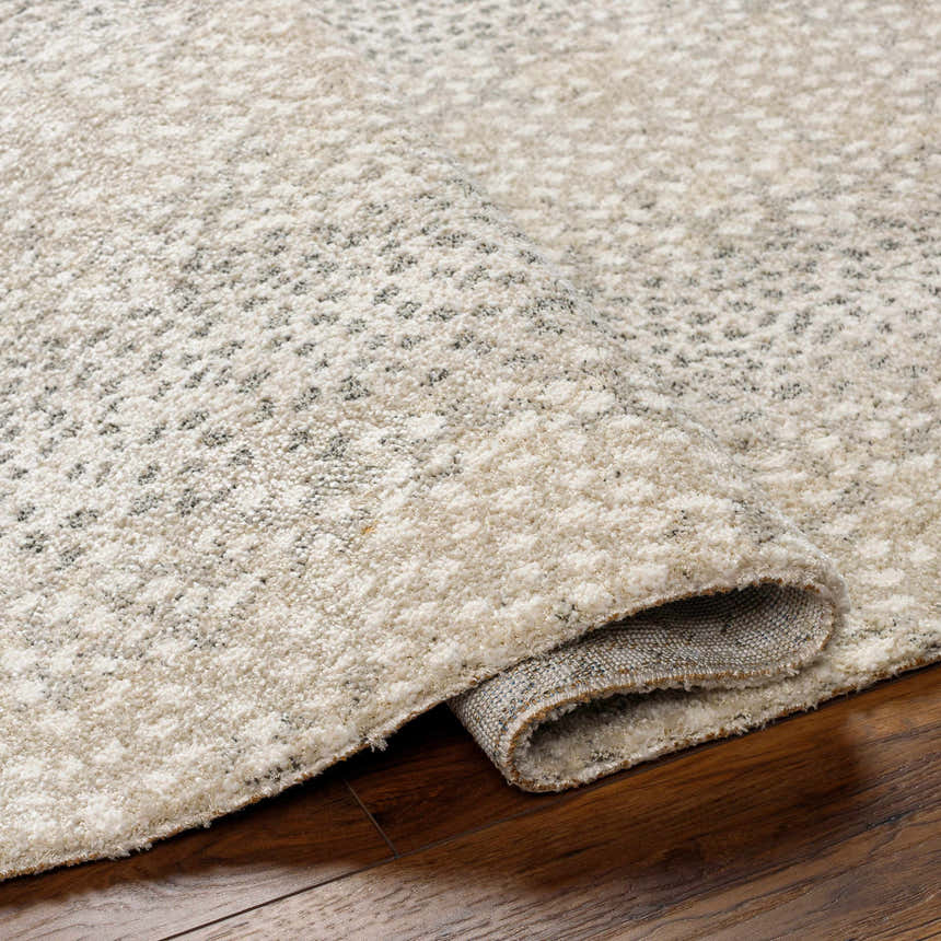Close up of the beige Daiva Luxe Rug showing its textured, contemporary design and machine-woven construction. Fold