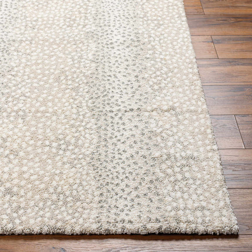 Close-up of the beige and gray Daiva Luxe Rug showing its subtle dotted pattern and soft, textured pile on wood flooring. Front