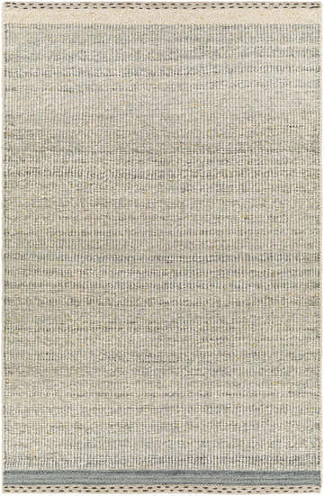 Close-up of Dalaoig flat woven wool rug. Cream, charcoal, and denim create a textured, transitional design. Design-Rectangle-576