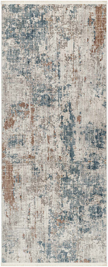 Close-up of the Danlugan Area Rug showing its contemporary charcoal, cream, brown, and blue abstract pattern. Design-Runner