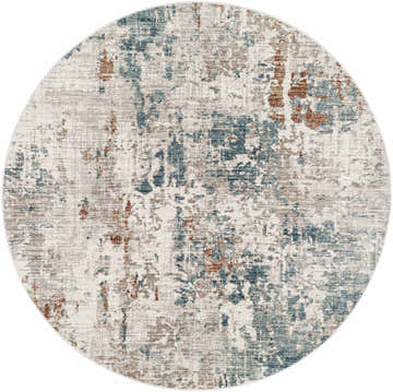 Close-up of a round Danlugan Area Rug. Abstract design in charcoal, cream, dusty pink, medium brown, and pale blue. Design-Round-53
