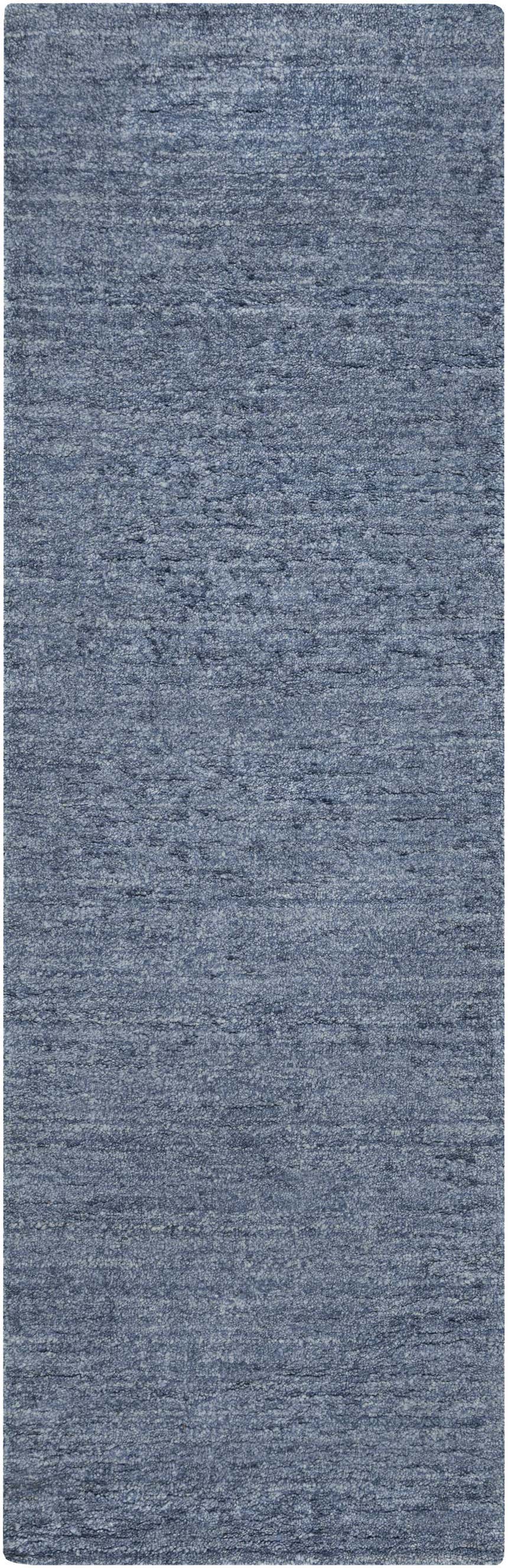 Close-up of the blue Davy Viscose Area Rug, showing its contemporary, solid, and striped texture. Design-Runner-268