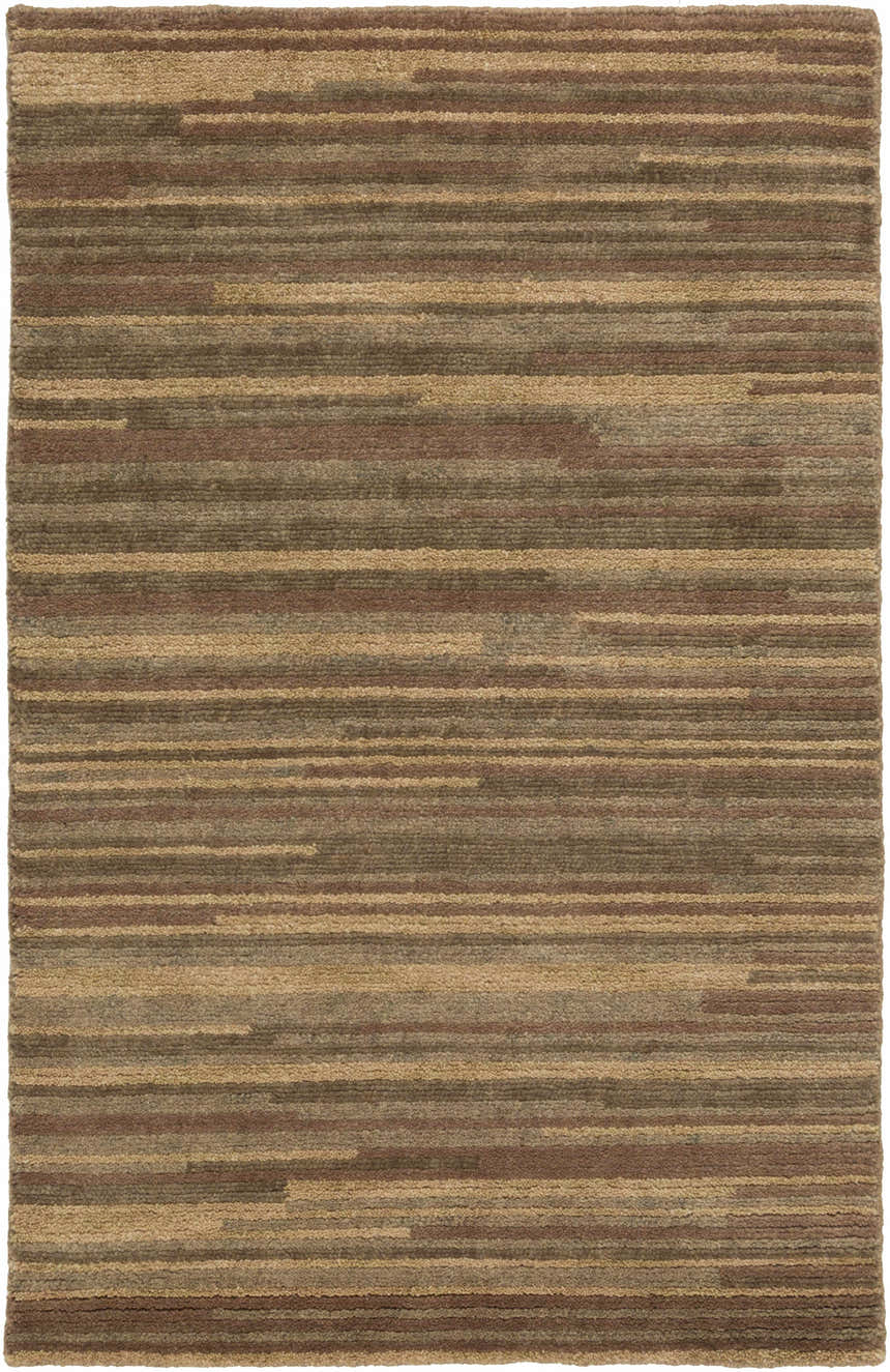 Close-up of the hand-knotted Dawlish Area Rug. Features dark red, medium brown, and tan horizontal stripes. 100% wool texture. Design-Rectangle-23