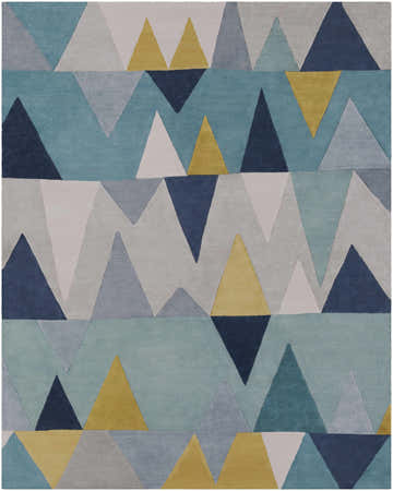 Close-up of the Deatsville Wool Area Rug, featuring a geometric triangle pattern in blue, gray, navy, tan, and teal. Design-Rectangle-810