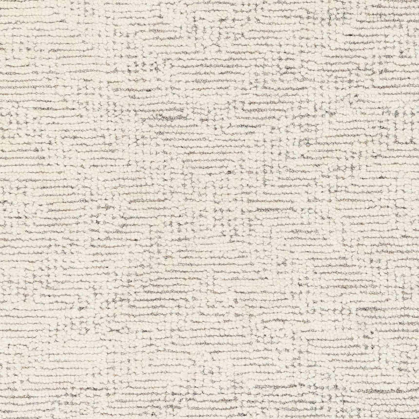 Close-up of the hand-tufted Delahey Area Rug. Cream wool rug with a subtle charcoal and tan horizontal line pattern. Swatch