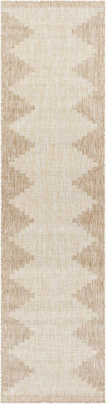 Close-up of the Djugun Beige Indoor & Outdoor Rug. Features a geometric pattern in beige, bone, and brown tones. Design-Runner-2710