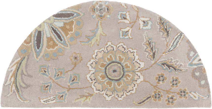 Close-up of the Denio Area Rug, a hand-tufted hearth rug with a traditional floral pattern in brown, sage, and sky blue. Design-Hearth