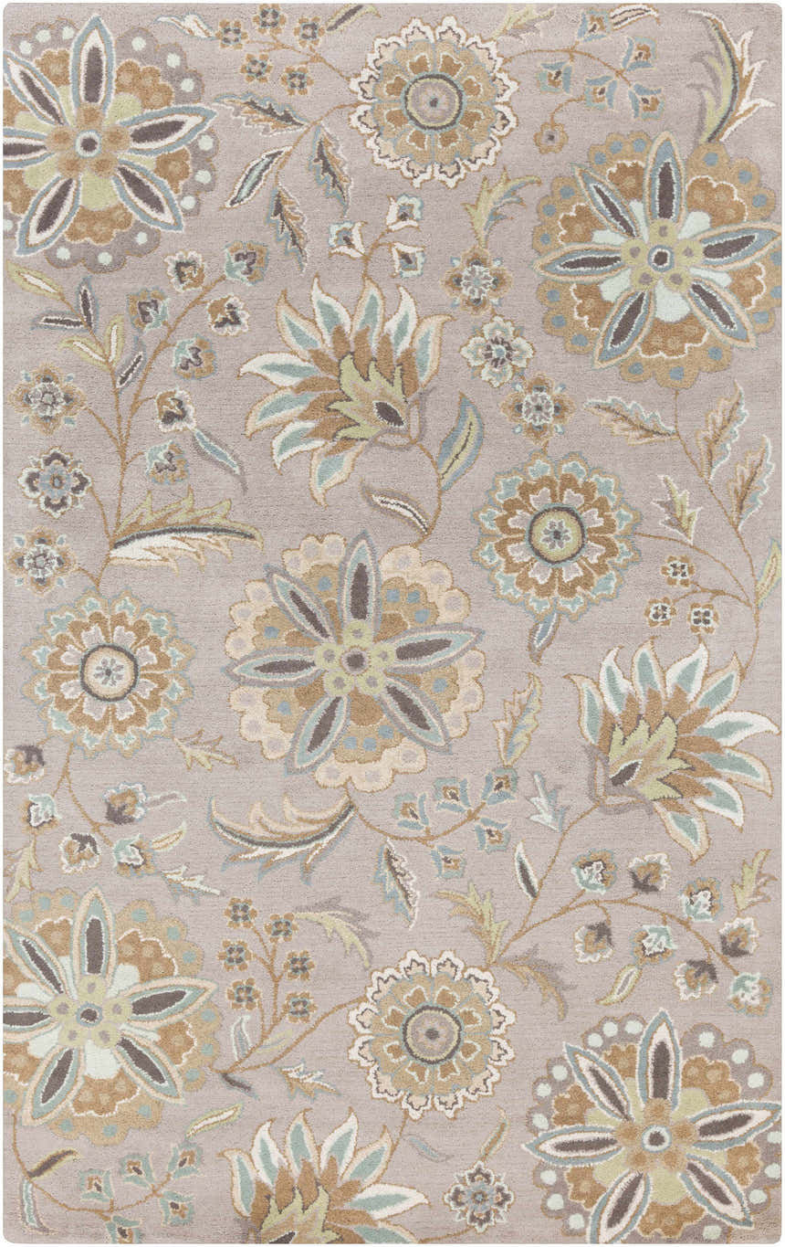 Detailed floral pattern on the Denio Area Rug. Taupe background with brown, sage, and sky blue flower accents. Design-Rectangle-58