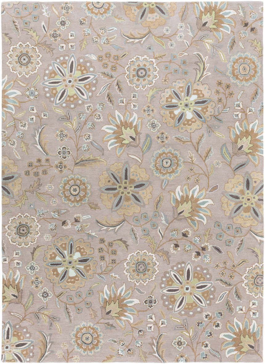 Close-up of the hand-tufted Denio Area Rug. Floral pattern in brown, sage, light blue, and taupe tones on a light brown wool rug. Design-Rectangle-811