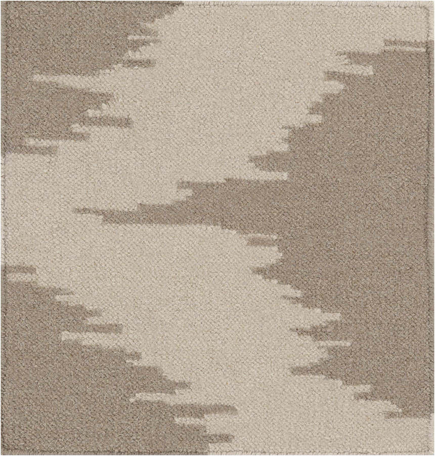 Close-up of the Deshler Area Carpet, a hand-woven wool rug with a light beige and taupe contemporary pattern. Swatch
