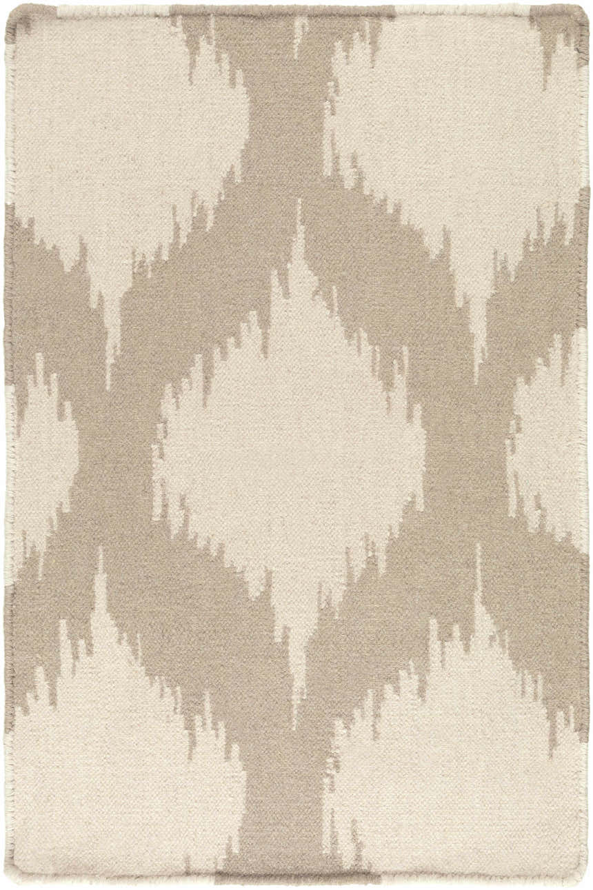 Close-up of the Deshler Area Carpet. Hand-woven wool rug with a light beige and taupe diamond pattern. Design-Rectangle-23