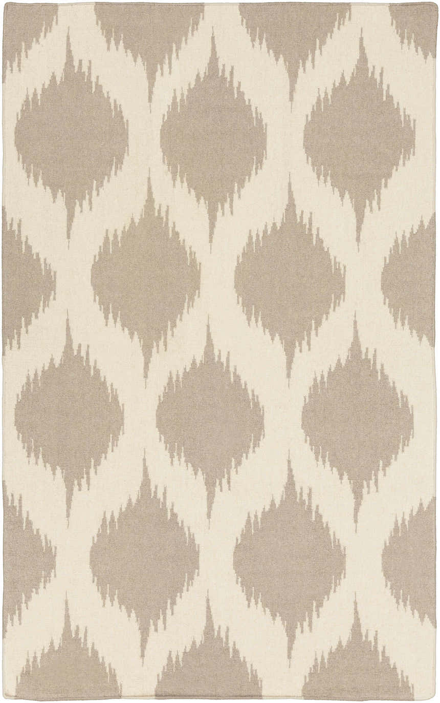 Close-up of the Deshler Area Carpet. Light beige wool rug with a taupe, geometric diamond pattern. Hand woven texture. Design-Rectangle-58