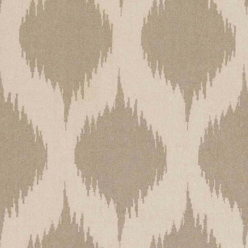 Close-up of Deshler Area Carpet. Light beige wool rug with a taupe, blurred diamond ikat pattern. Hand woven texture. Swatch