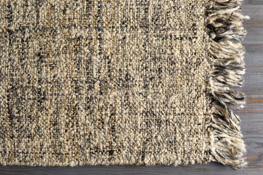 Close-up of the Edgely Area Rug showing the jute and wool texture in light beige, tan, gray, and black. Fringe detail. Corner