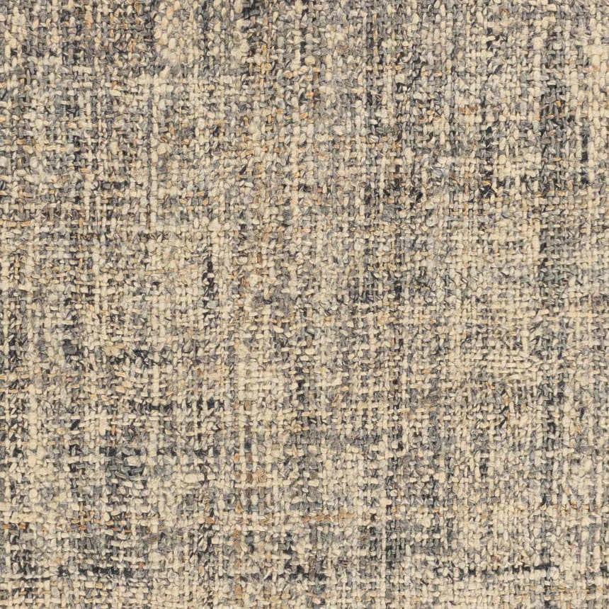 Close-up of the hand woven Edgely Area Rug showing black, gray, light beige, and tan jute and wool fibers. Swatch