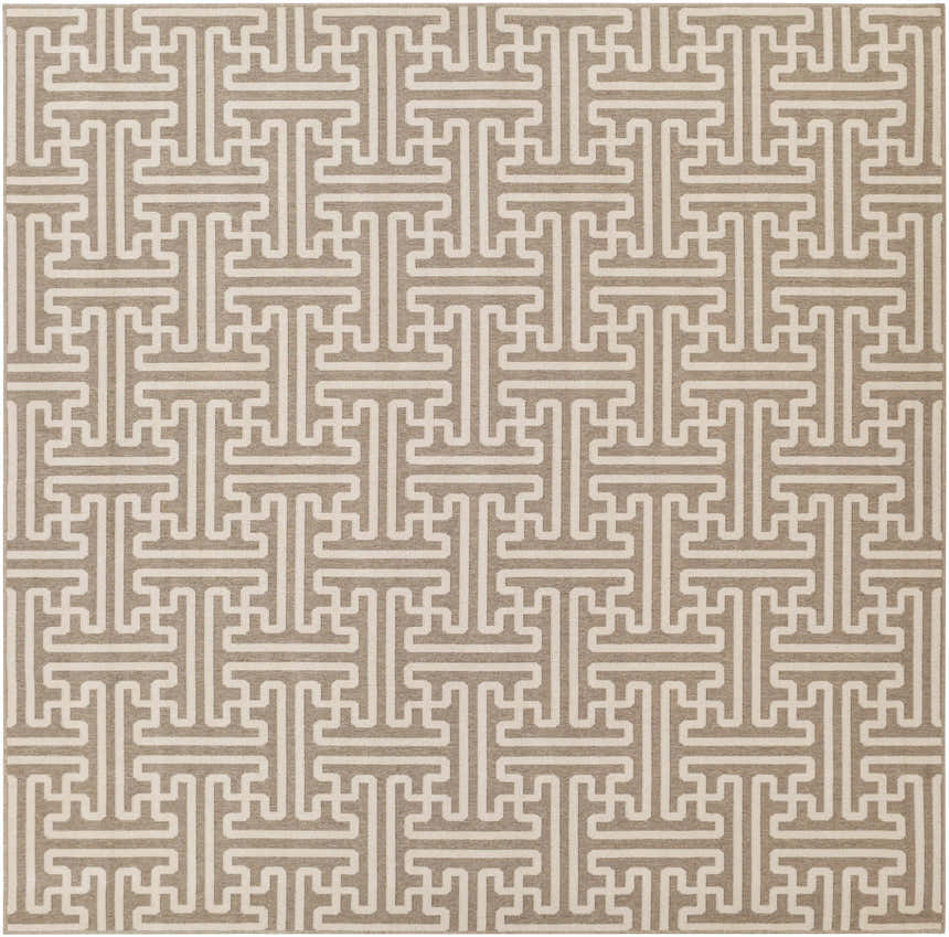 Close-up of the Divernon Area Rug. Beige rug with a geometric, maze-like pattern in off-white. Design-Square-89