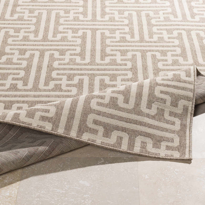 Close-up of the Beige and Dark Red Divernon Area Rug featuring a geometric maze pattern. Fold