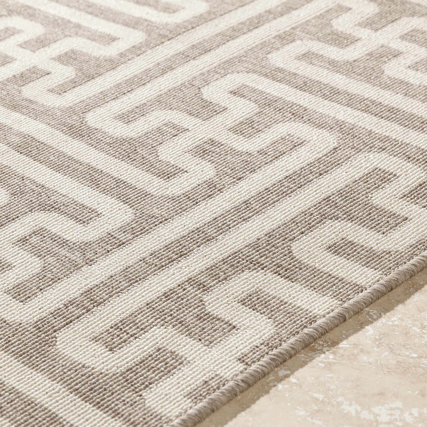 Close-up of the beige Divernon Area Rug, featuring a geometric pattern and textured weave. Texture